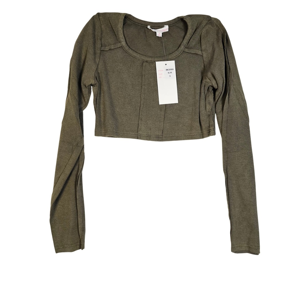 Hot & Delicious 2pc Olive Green Ribbed Long Sleeve Crop Top Scoop Neck Small NWT
